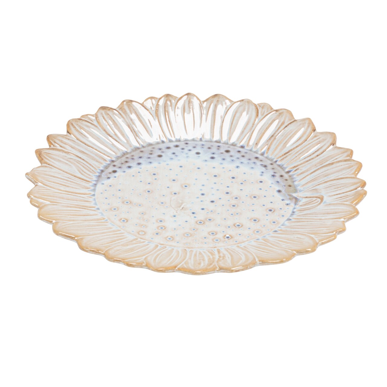 Hello Honey Flower-Shaped Stoneware Plate in Reactive Glaze, White and Blue Finish